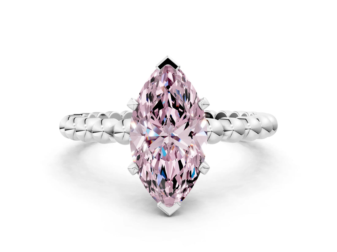 White gold Fancy Pink Marquise Cut Diamond Solitaire Ring with Beaded Band and Prong Setting_407