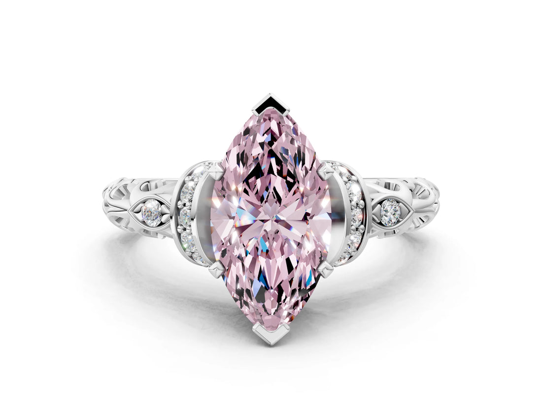 White gold Fancy Pink Marquise Cut Diamond Solitaire Ring with Filigree Band and Four-Prong Setting_79