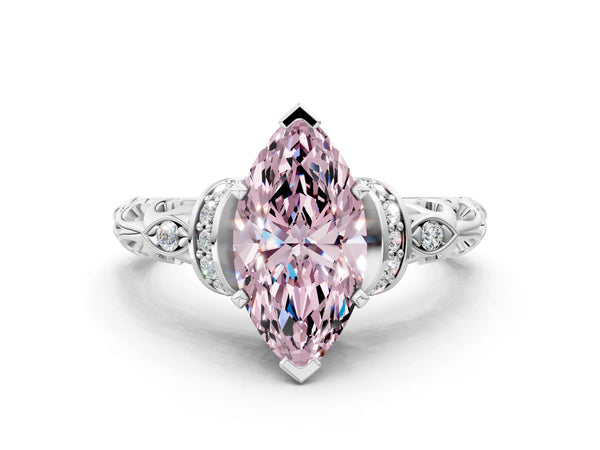White gold Fancy Pink Marquise Cut Diamond Solitaire Ring with Filigree Band and Four-Prong Setting