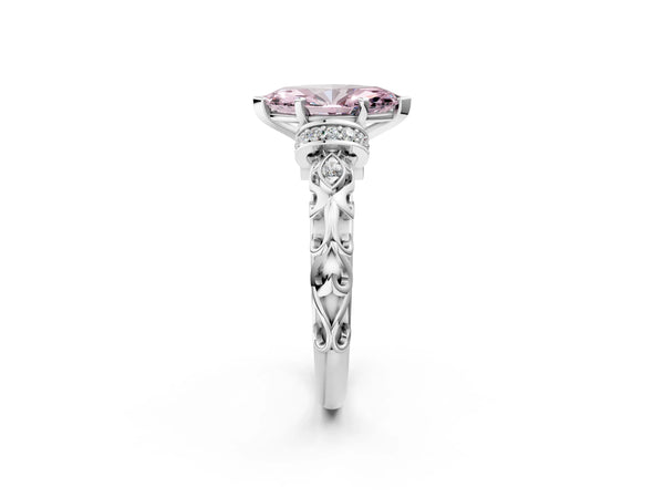 White gold Fancy Pink Marquise Cut Diamond Solitaire Ring with Filigree Band and Four-Prong Setting