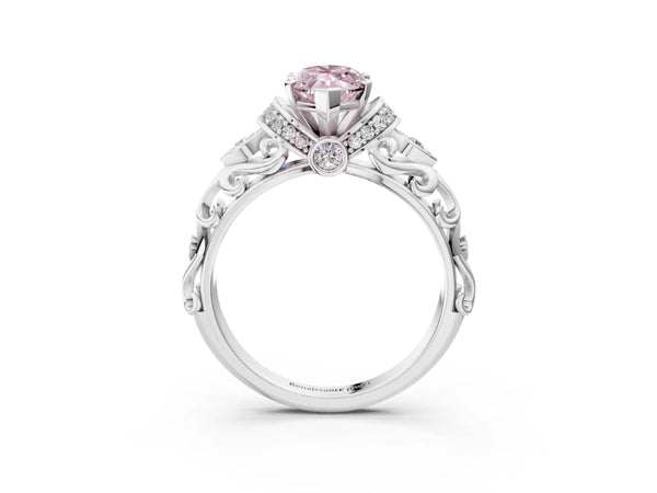 White gold Fancy Pink Marquise Cut Diamond Solitaire Ring with Filigree Band and Four-Prong Setting