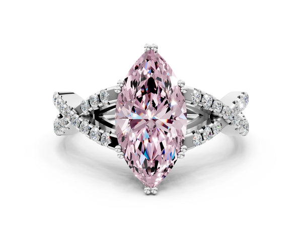 White gold Fancy Pink Marquise Cut Diamond Solitaire Ring with Four-Prong Setting and Twisted Pavé Band