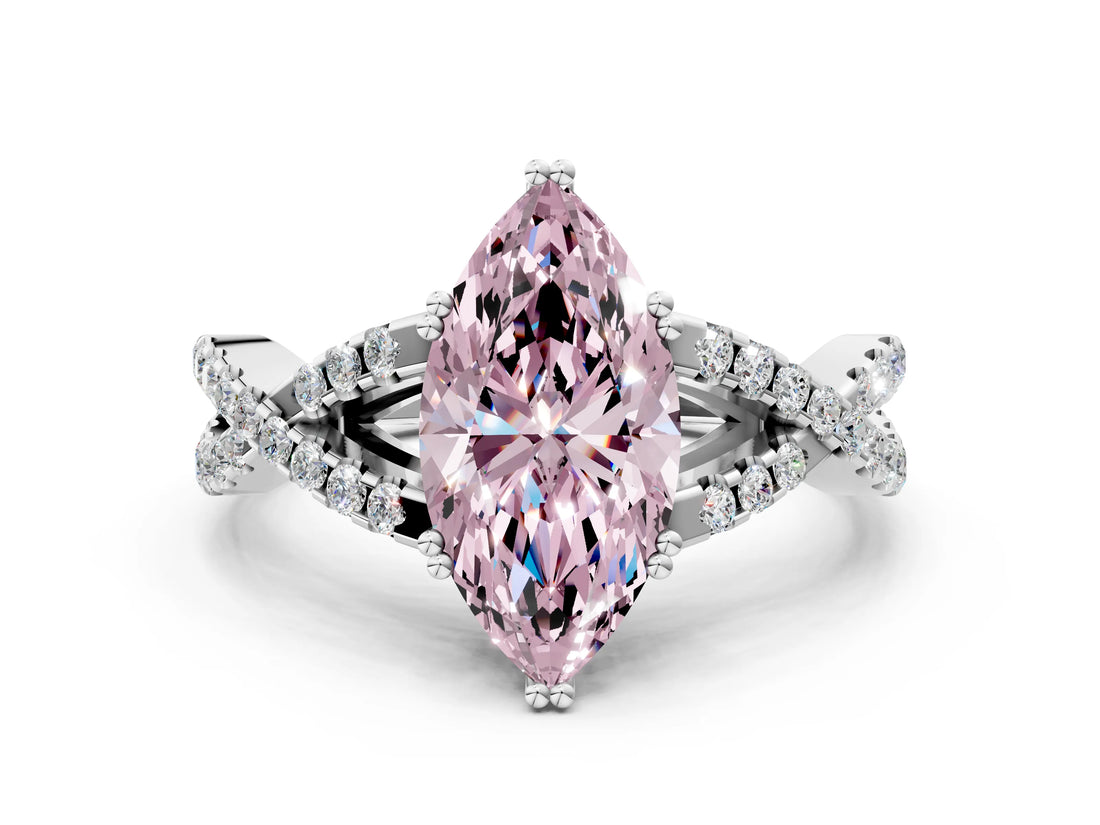 White gold Fancy Pink Marquise Cut Diamond Solitaire Ring with Four-Prong Setting and Twisted Pavé Band_34
