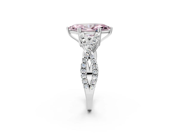 White gold Fancy Pink Marquise Cut Diamond Solitaire Ring with Four-Prong Setting and Twisted Pavé Band