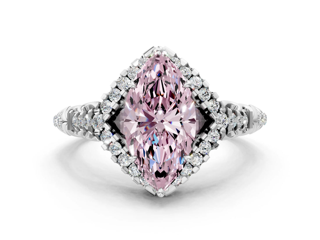 White gold Fancy Pink Marquise Cut Diamond Solitaire Ring with Hidden Halo and Pavé Band_39
