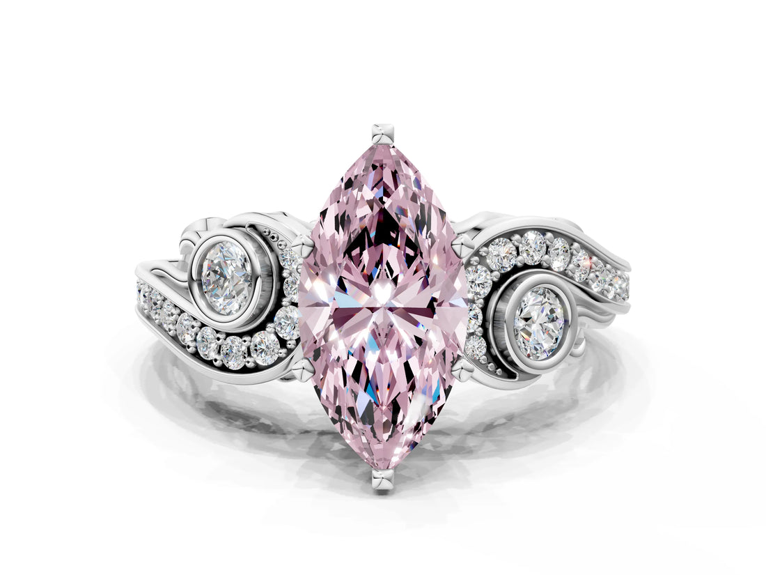 White gold Fancy Pink Marquise Cut Diamond Solitaire Ring with Milgrain Pavé Band and Four-Prong Setting_245