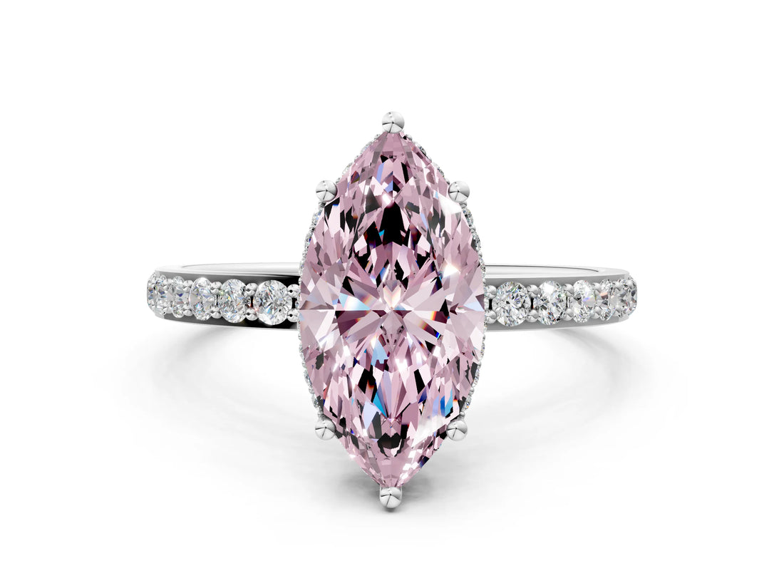 White gold Fancy Pink Marquise Cut Diamond Solitaire Ring with Pavé Band and Hidden Halo_32