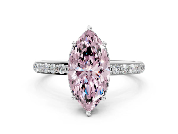 White gold Fancy Pink Marquise Cut Diamond Solitaire Ring with Pavé Band and Hidden Halo