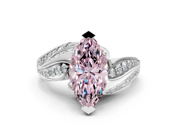 White gold Fancy Pink Marquise Cut Diamond Solitaire Ring with Prong Setting and Twisted Pavé Band
