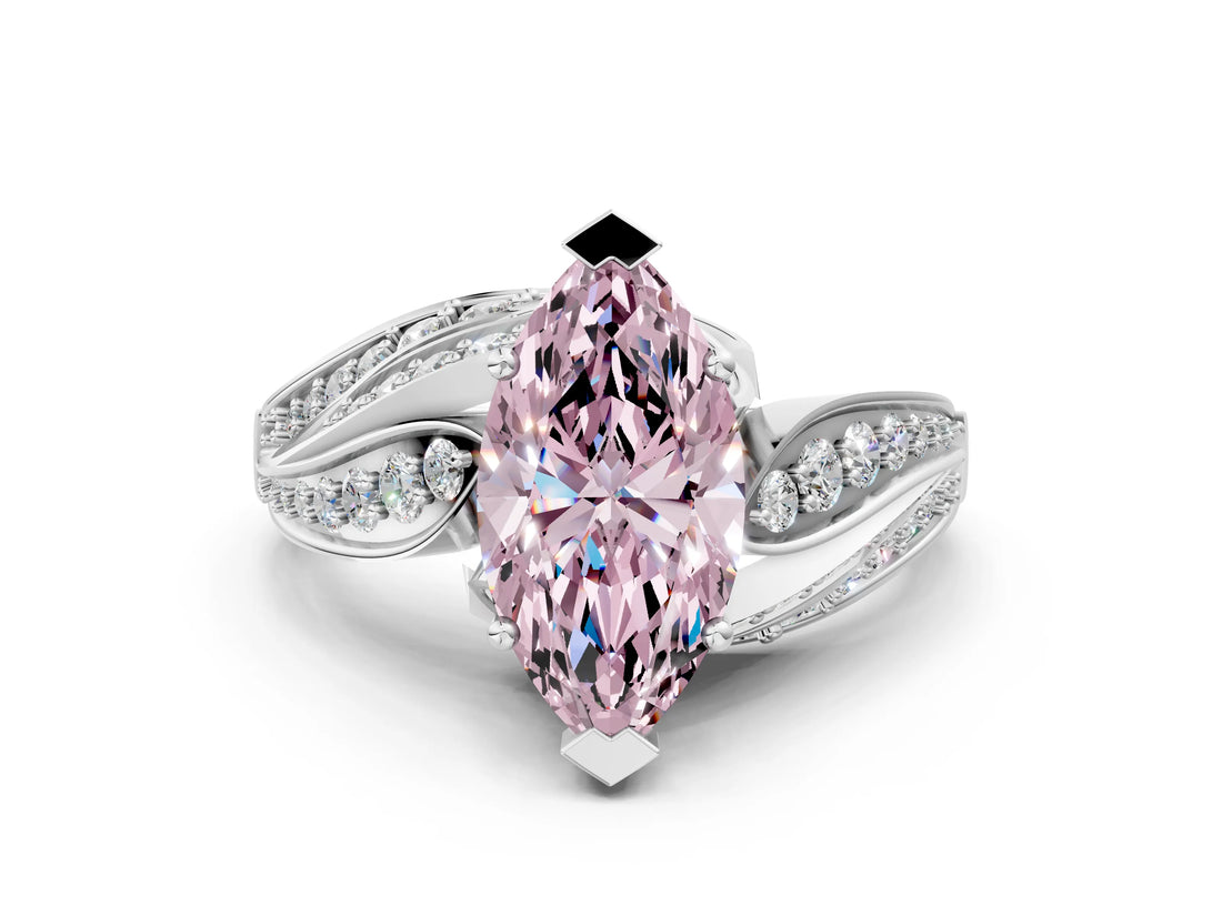 White gold Fancy Pink Marquise Cut Diamond Solitaire Ring with Prong Setting and Twisted Pavé Band_12