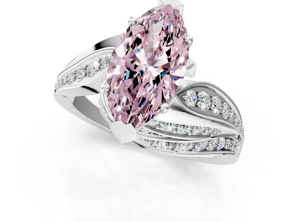 White gold Fancy Pink Marquise Cut Diamond Solitaire Ring with Prong Setting and Twisted Pavé Band