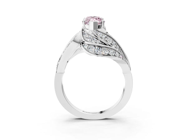 White gold Fancy Pink Marquise Cut Diamond Solitaire Ring with Prong Setting and Twisted Pavé Band