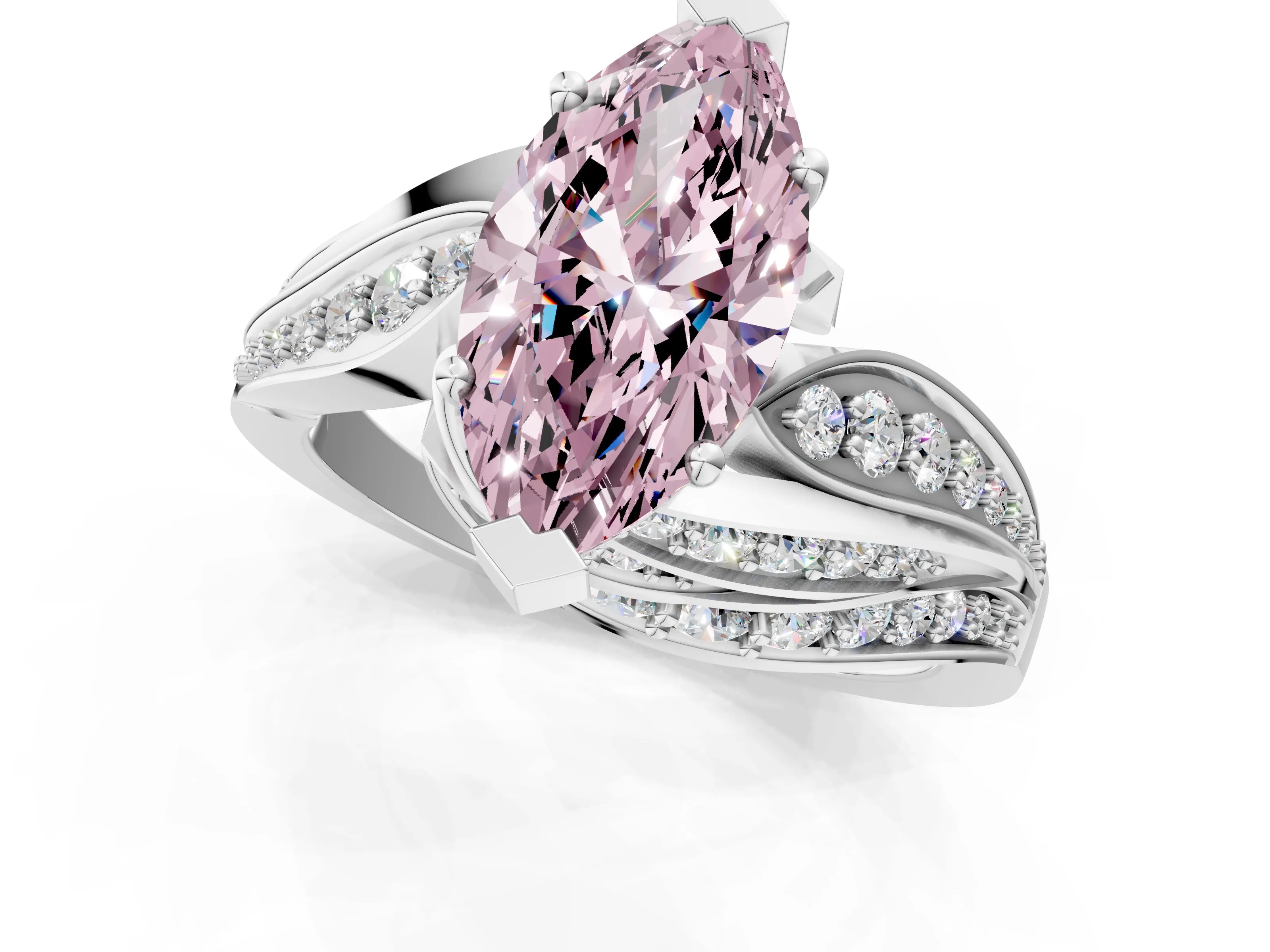 White gold Fancy Pink Marquise Cut Diamond Solitaire Ring with Prong Setting and Twisted Pavé Band_1