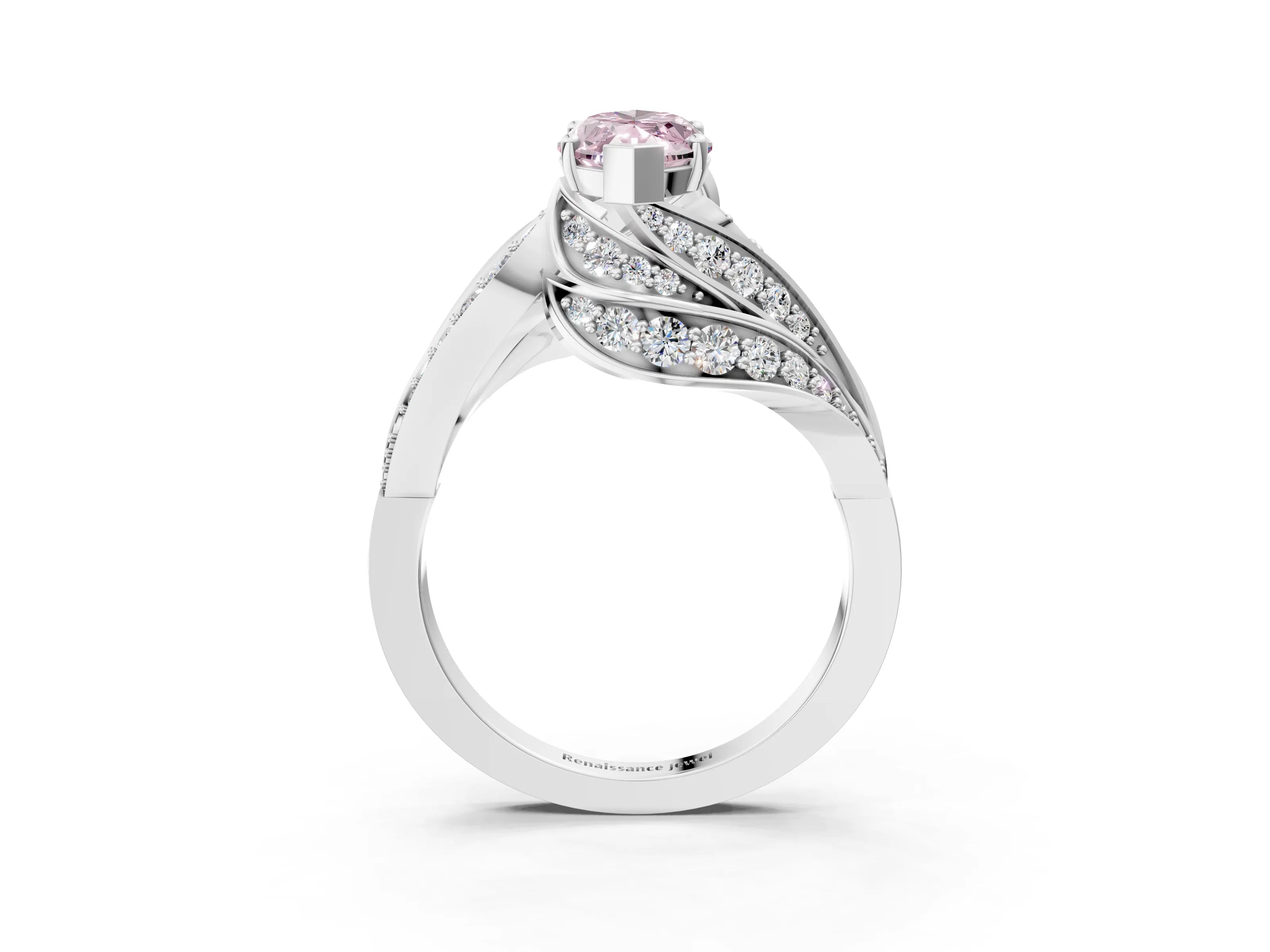 White gold Fancy Pink Marquise Cut Diamond Solitaire Ring with Prong Setting and Twisted Pavé Band_3