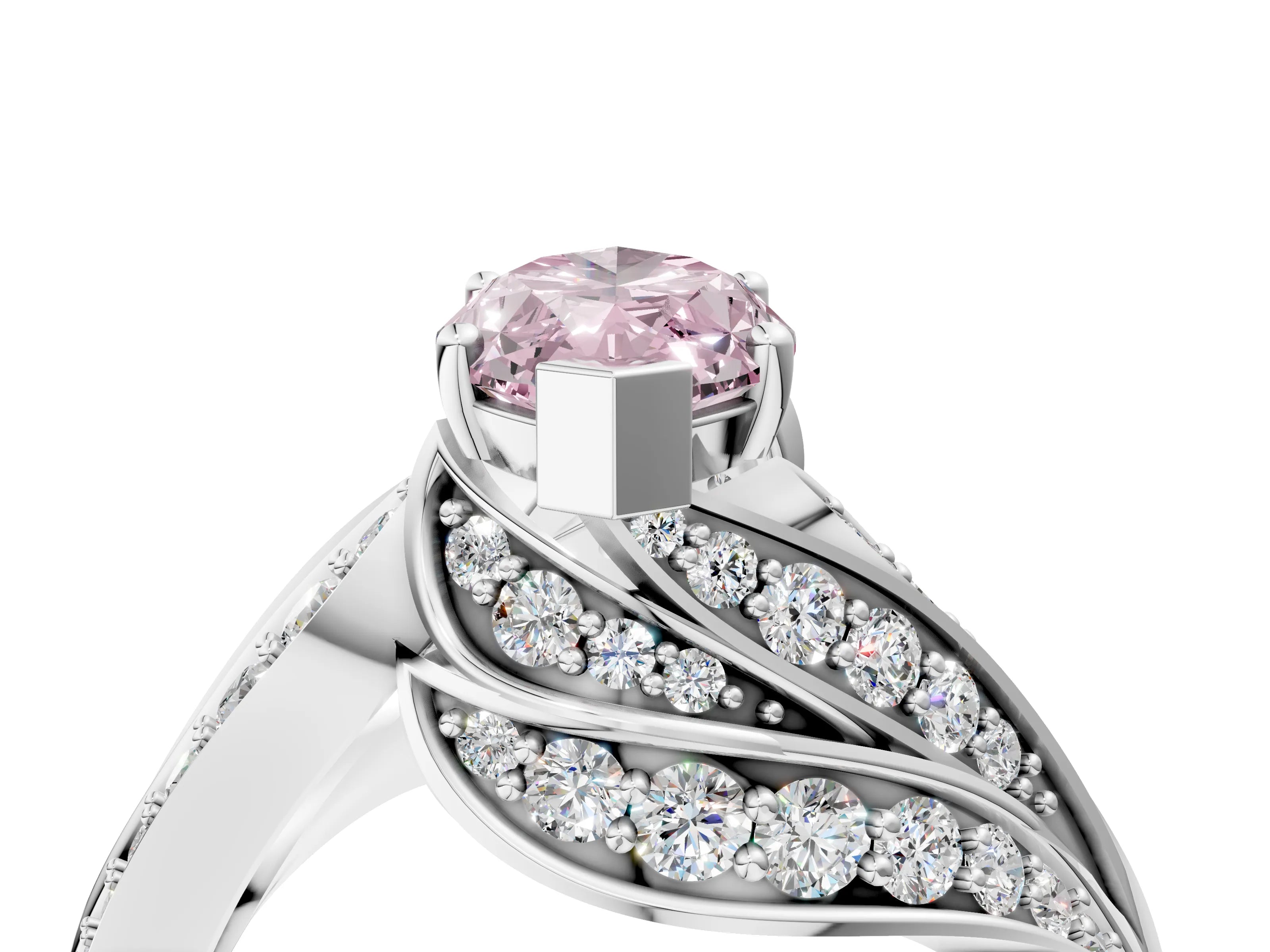 White gold Fancy Pink Marquise Cut Diamond Solitaire Ring with Prong Setting and Twisted Pavé Band_4