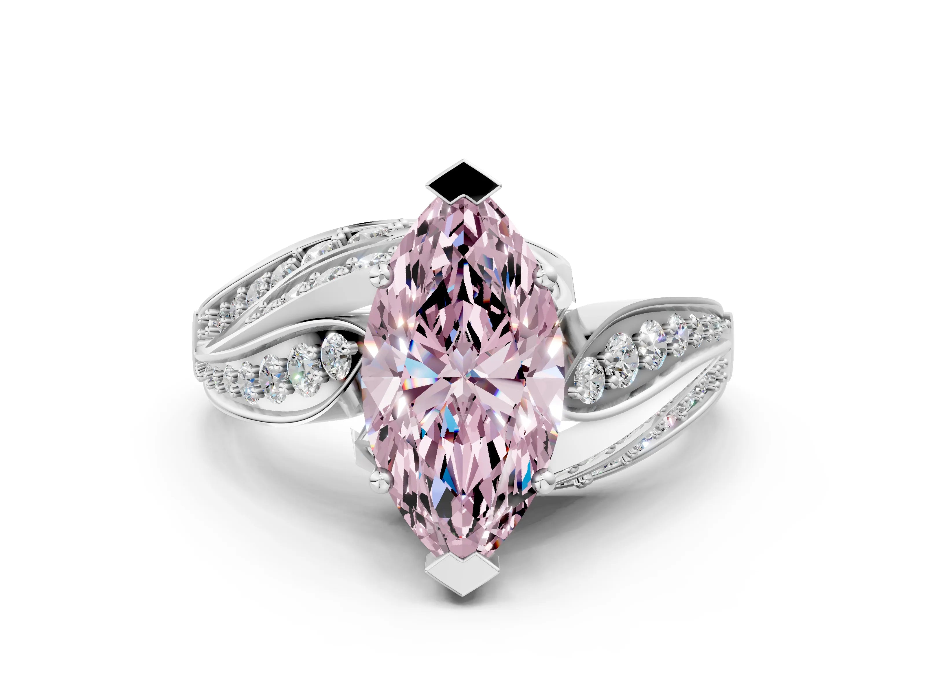 White gold Fancy Pink Marquise Cut Diamond Solitaire Ring with Prong Setting and Twisted Pavé Band