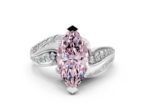 White gold Fancy Pink Marquise Cut Diamond Solitaire Ring with Prong Setting and Twisted Pavé Band