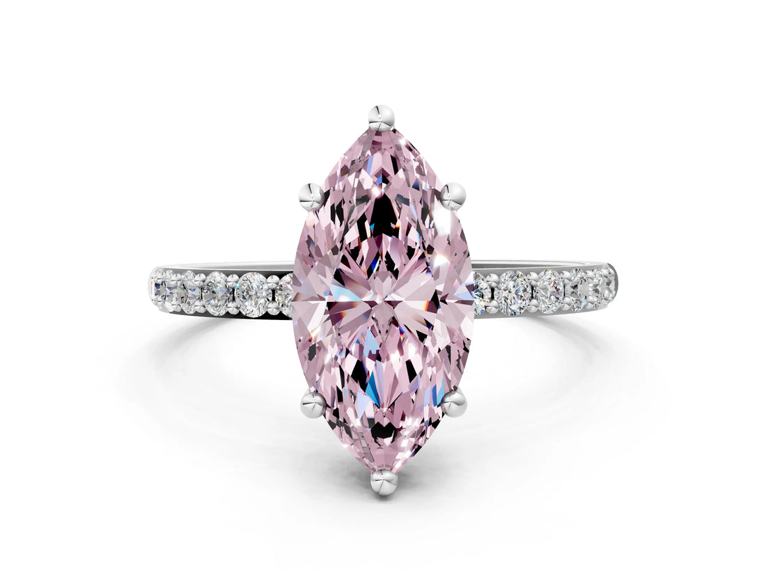 White gold Fancy Pink Marquise Cut Diamond Solitaire Ring with Round  Pavé Band and Prong Setting_141