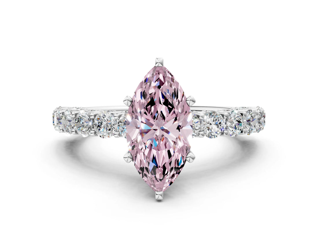 White gold Fancy Pink Marquise Cut Diamond Solitaire Ring with Shared Prong Pavé Band and Four-Prong Setting_75