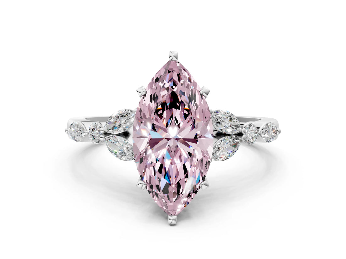 White gold Fancy Pink Marquise Cut Diamond Solitaire Ring with Side Stones and Four-Prong Setting_239