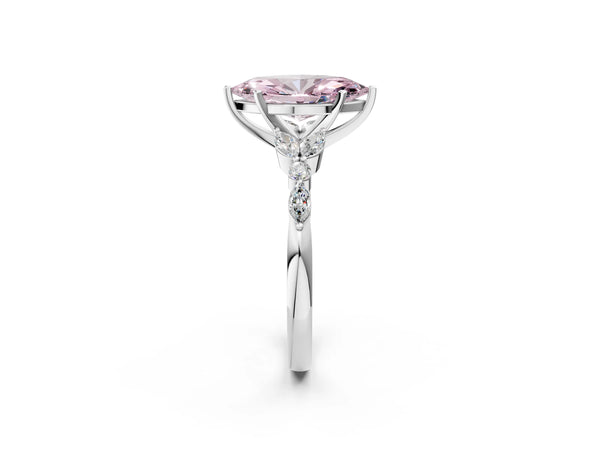 White gold Fancy Pink Marquise Cut Diamond Solitaire Ring with Side Stones and Four-Prong Setting
