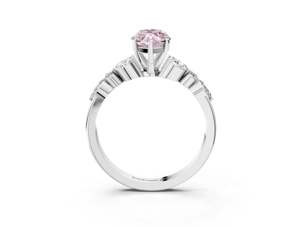 White gold Fancy Pink Marquise Cut Diamond Solitaire Ring with Side Stones and Four-Prong Setting