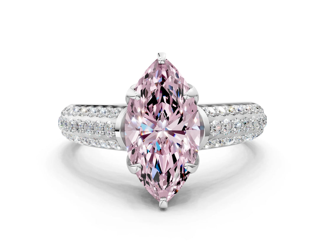 White gold Fancy Pink Marquise Cut Diamond Solitaire Ring with Three-Row Pavé Band and Four-Prong Setting_49
