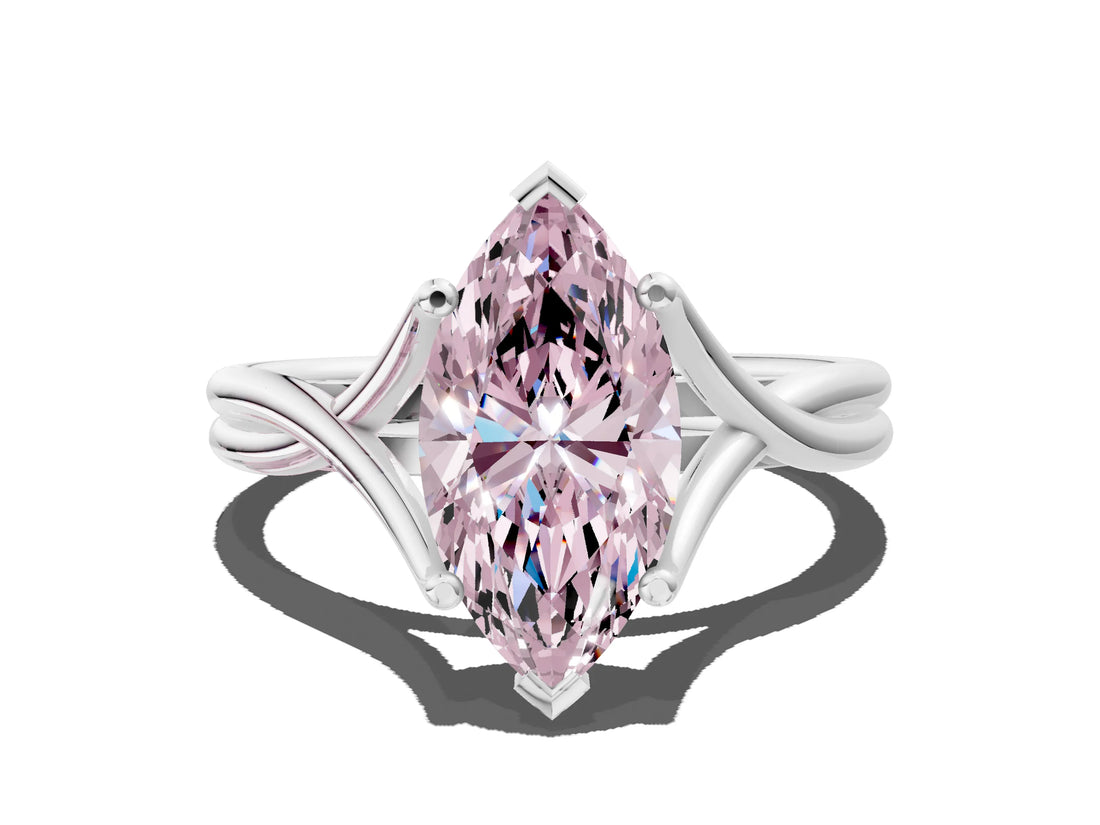 White gold Fancy Pink Marquise Cut Diamond Solitaire Twist Band Prong Setting Ring_79