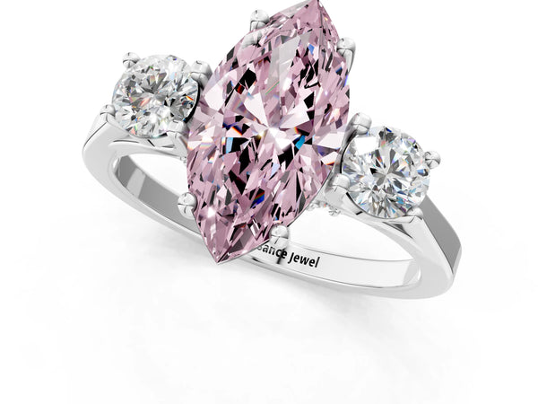 White gold Fancy Pink Marquise Cut Diamond Three-Stone Engagement Ring with Prong Setting and Pavé Band