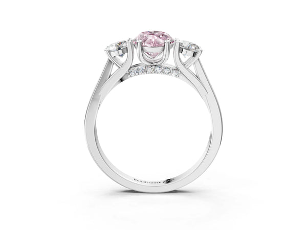 White gold Fancy Pink Marquise Cut Diamond Three-Stone Engagement Ring with Prong Setting and Pavé Band
