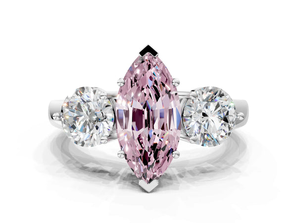 White gold Fancy Pink Marquise Cut Diamond Three-Stone Ring with Prong Setting and Classic Band