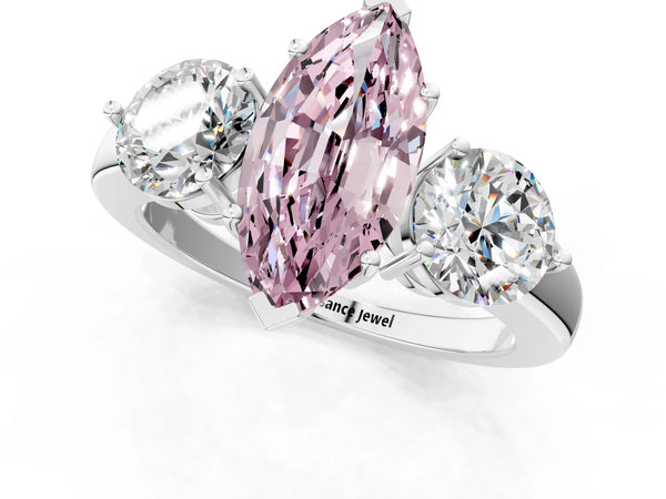 White gold Fancy Pink Marquise Cut Diamond Three-Stone Ring with Prong Setting and Classic Band