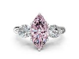 White gold Fancy Pink Marquise Cut Diamond Three-Stone Ring with Prong Setting and Pavé Band