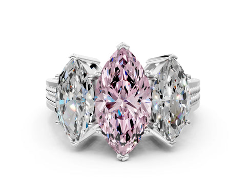 White gold Fancy Pink Marquise Cut Diamond Three-Stone Ring with Prong Setting and Textured Band_12