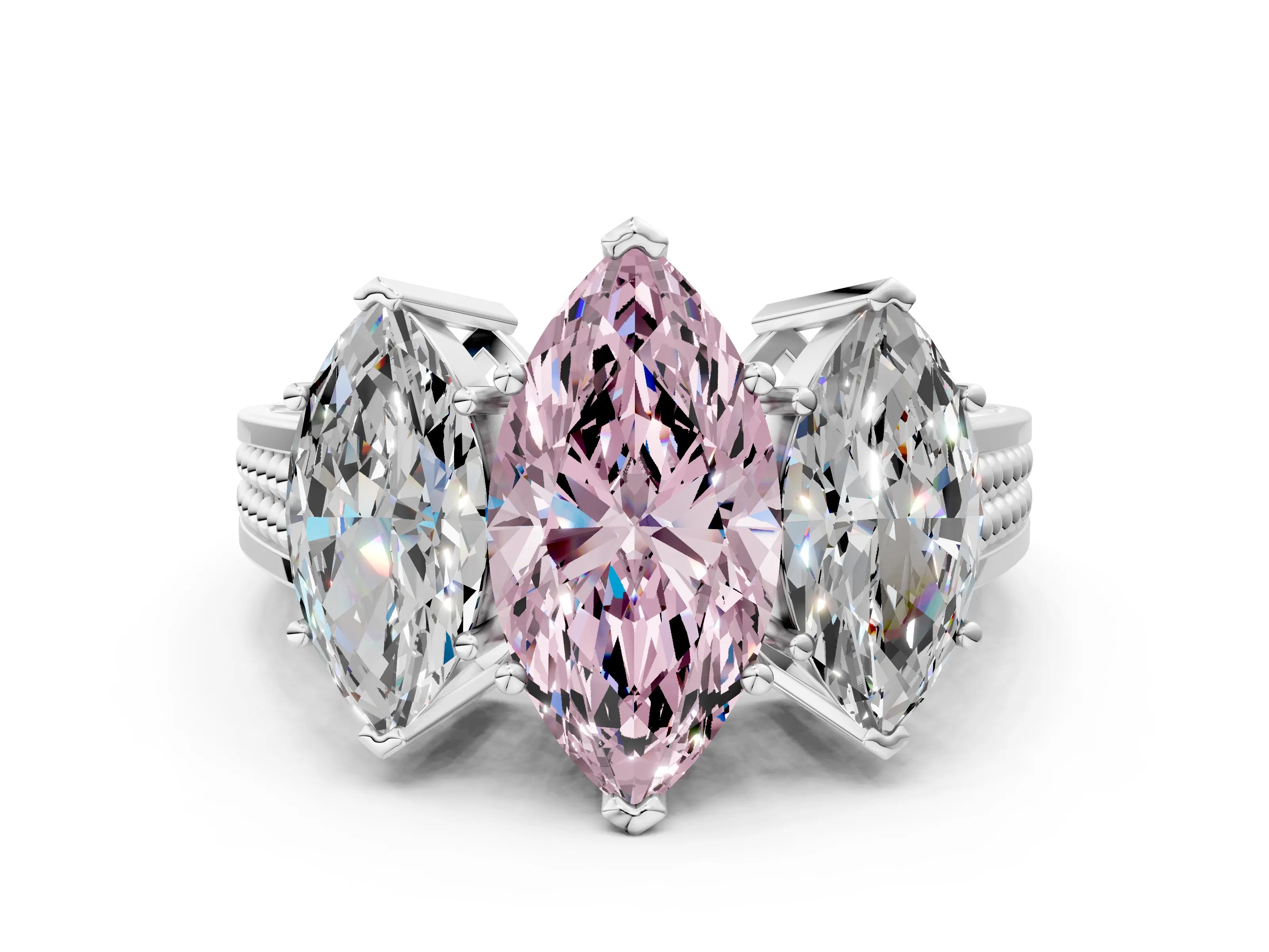 White gold Fancy Pink Marquise Cut Diamond Three-Stone Ring with Prong Setting and Textured Band_36