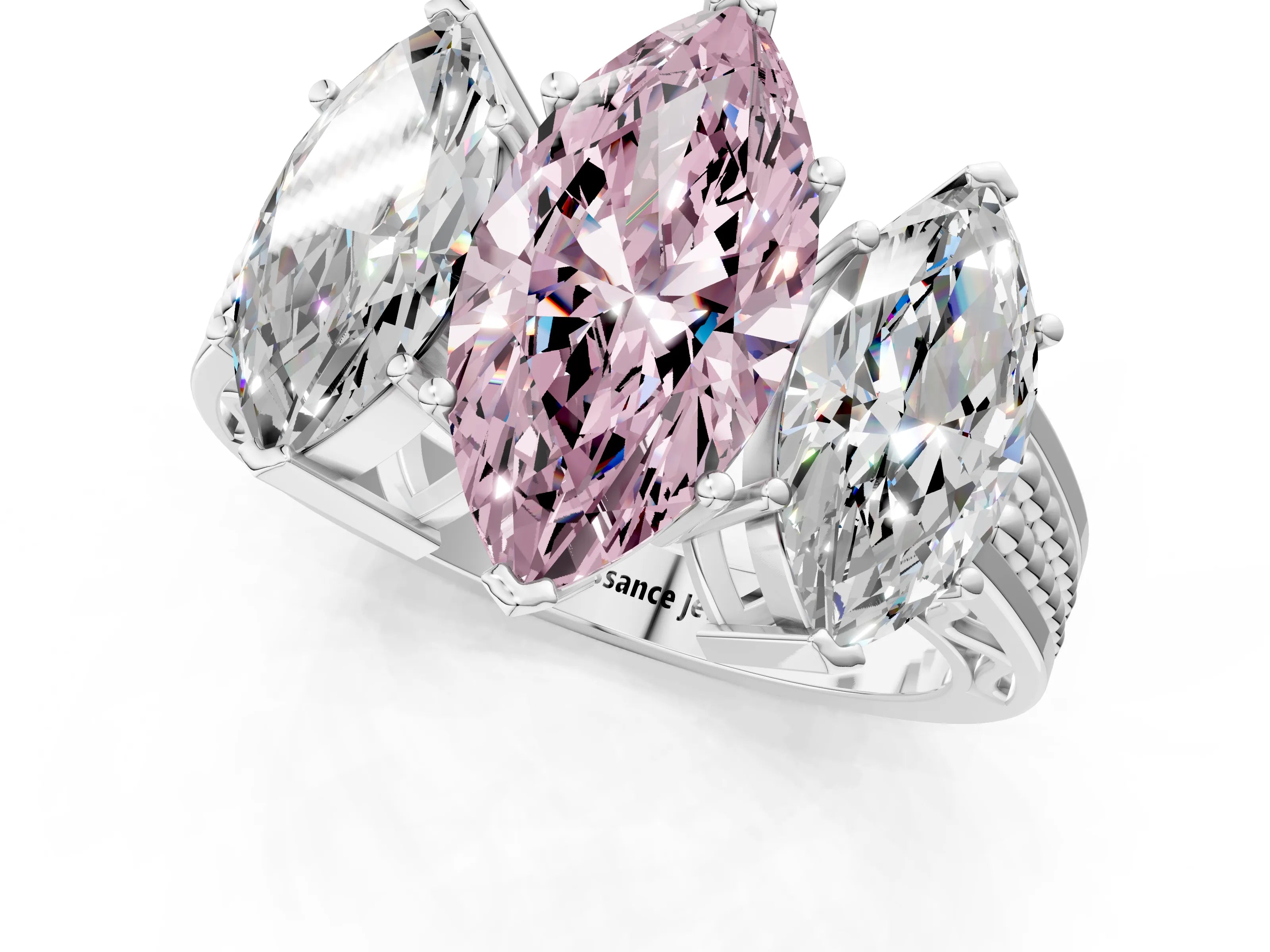 White gold Fancy Pink Marquise Cut Diamond Three-Stone Ring with Prong Setting and Textured Band_37