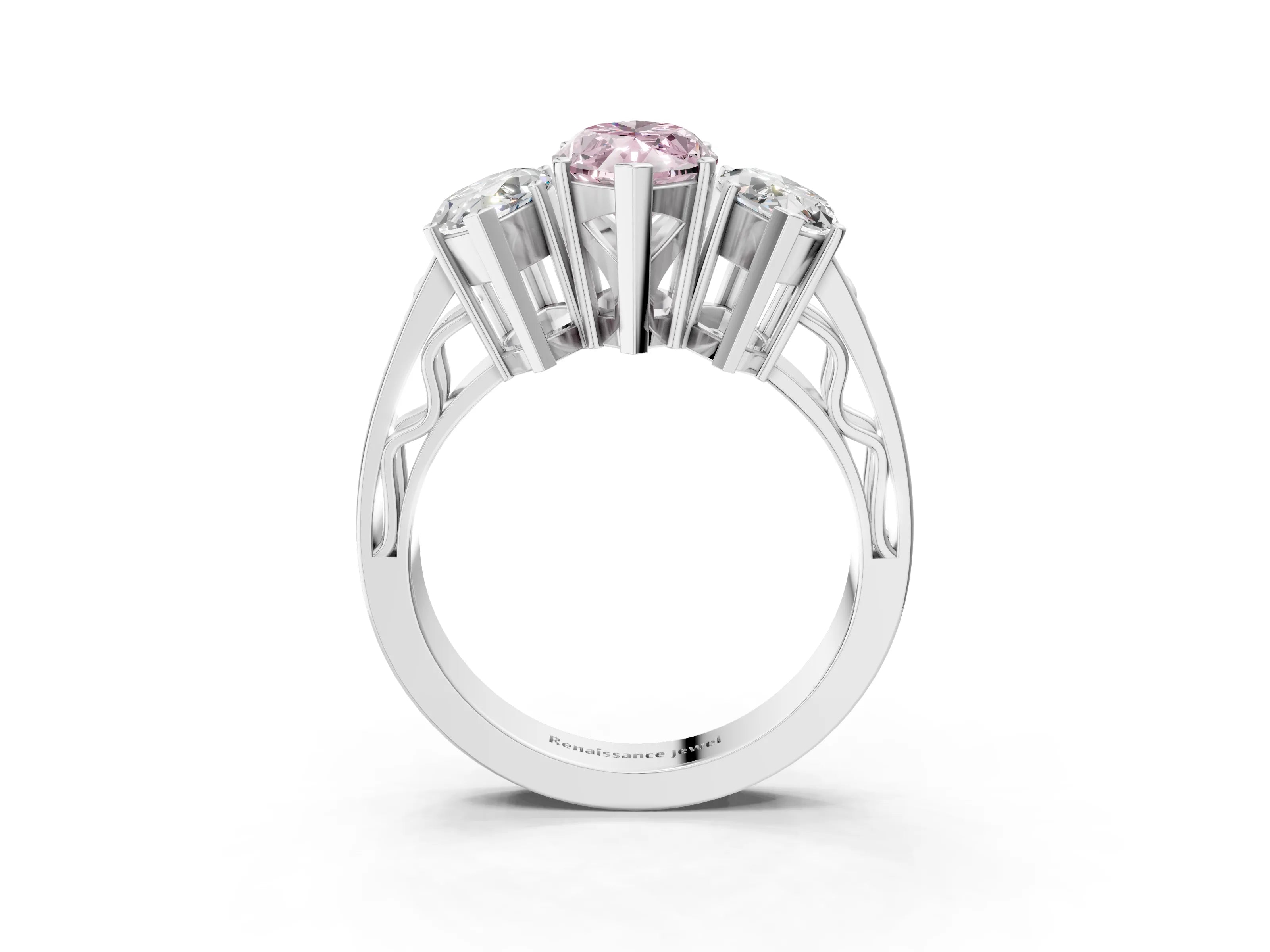 White gold Fancy Pink Marquise Cut Diamond Three-Stone Ring with Prong Setting and Textured Band_39
