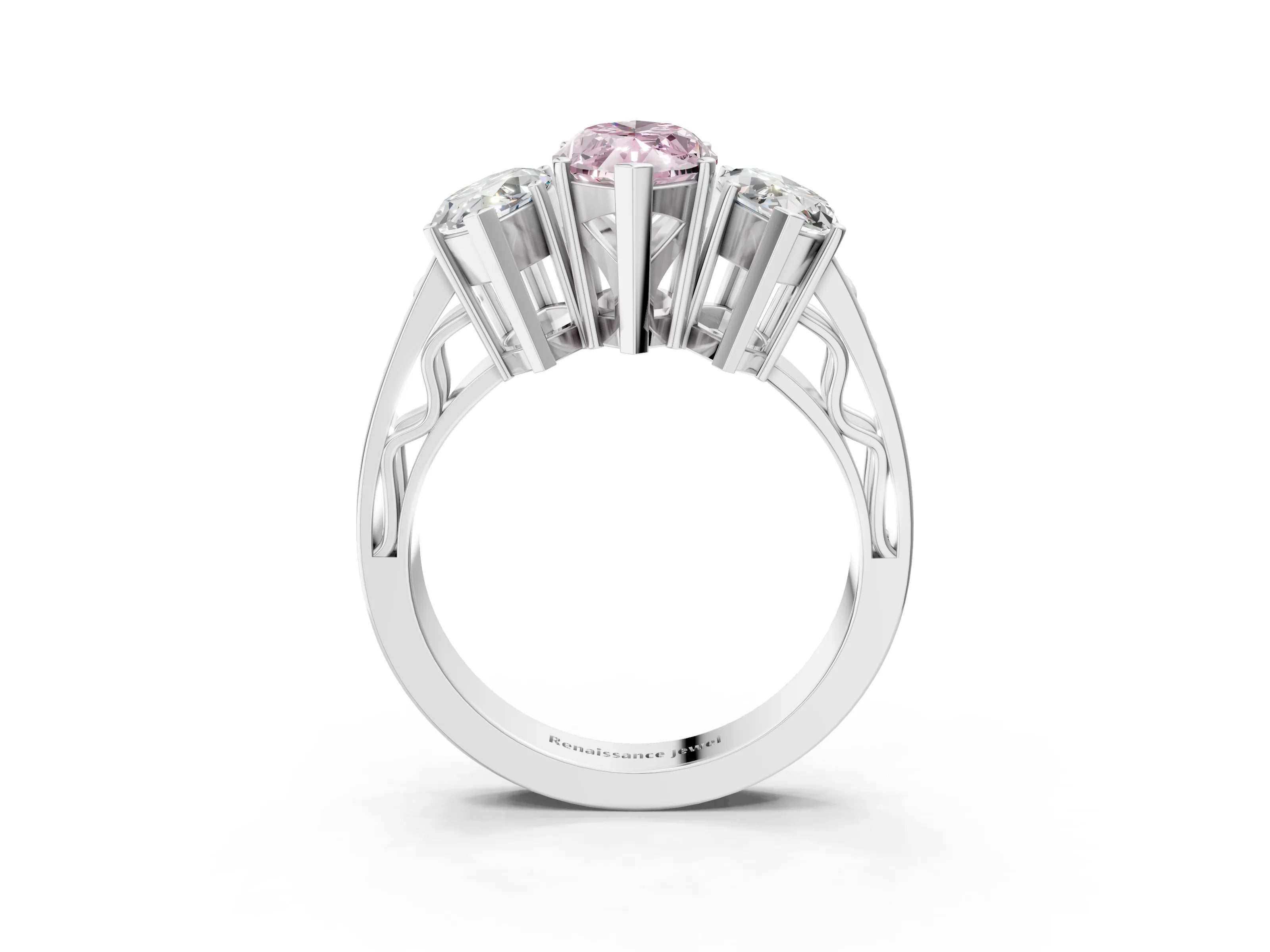 White gold Fancy Pink Marquise Cut Diamond Three-Stone Ring with Prong Setting and Textured Band_3