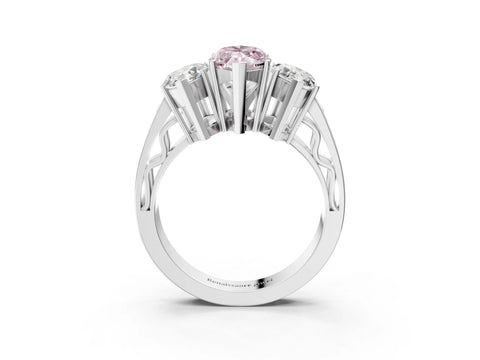 White gold Fancy Pink Marquise Cut Diamond Three-Stone Ring with Prong Setting and Textured Band_3
