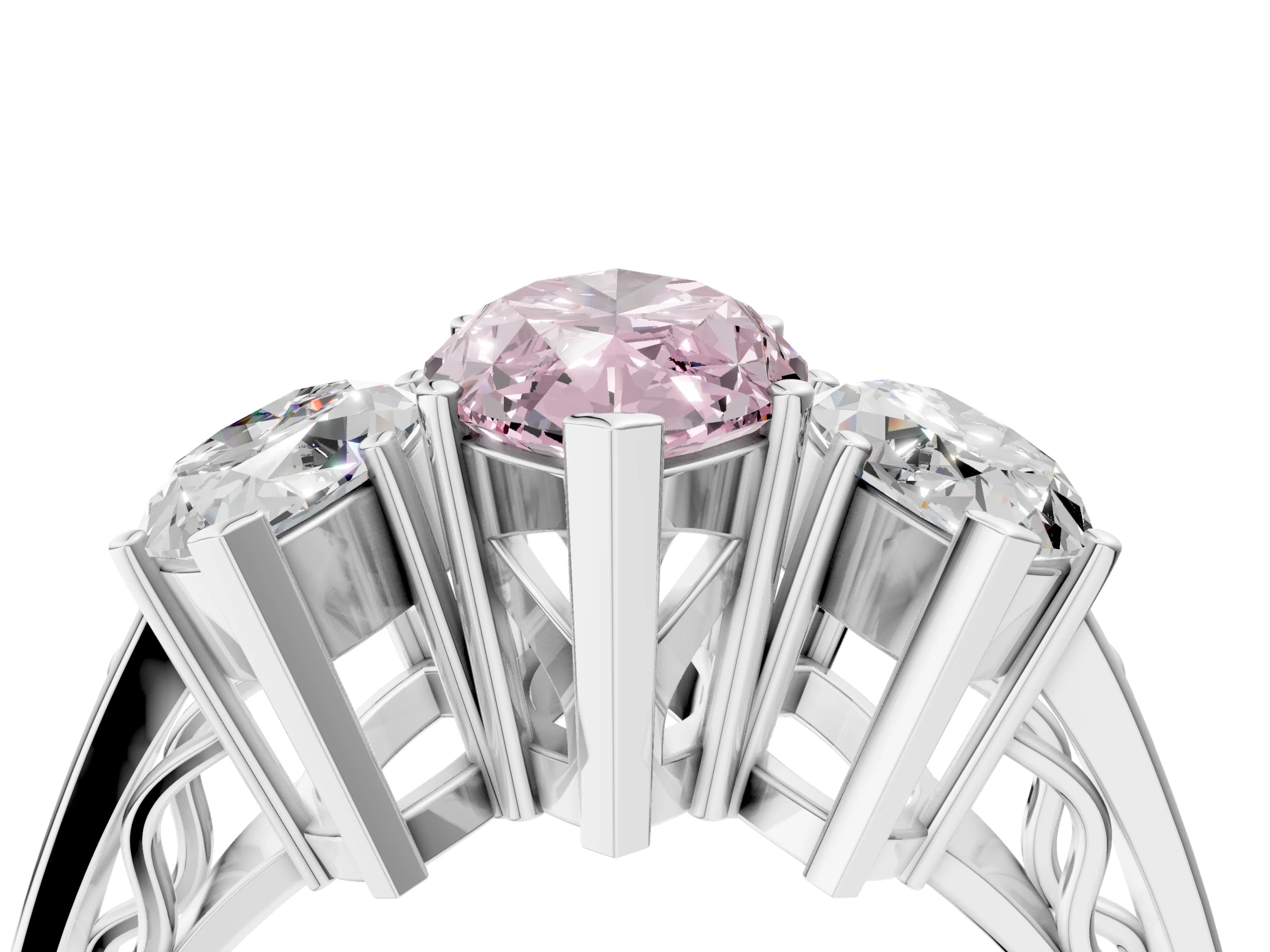 White gold Fancy Pink Marquise Cut Diamond Three-Stone Ring with Prong Setting and Textured Band_4