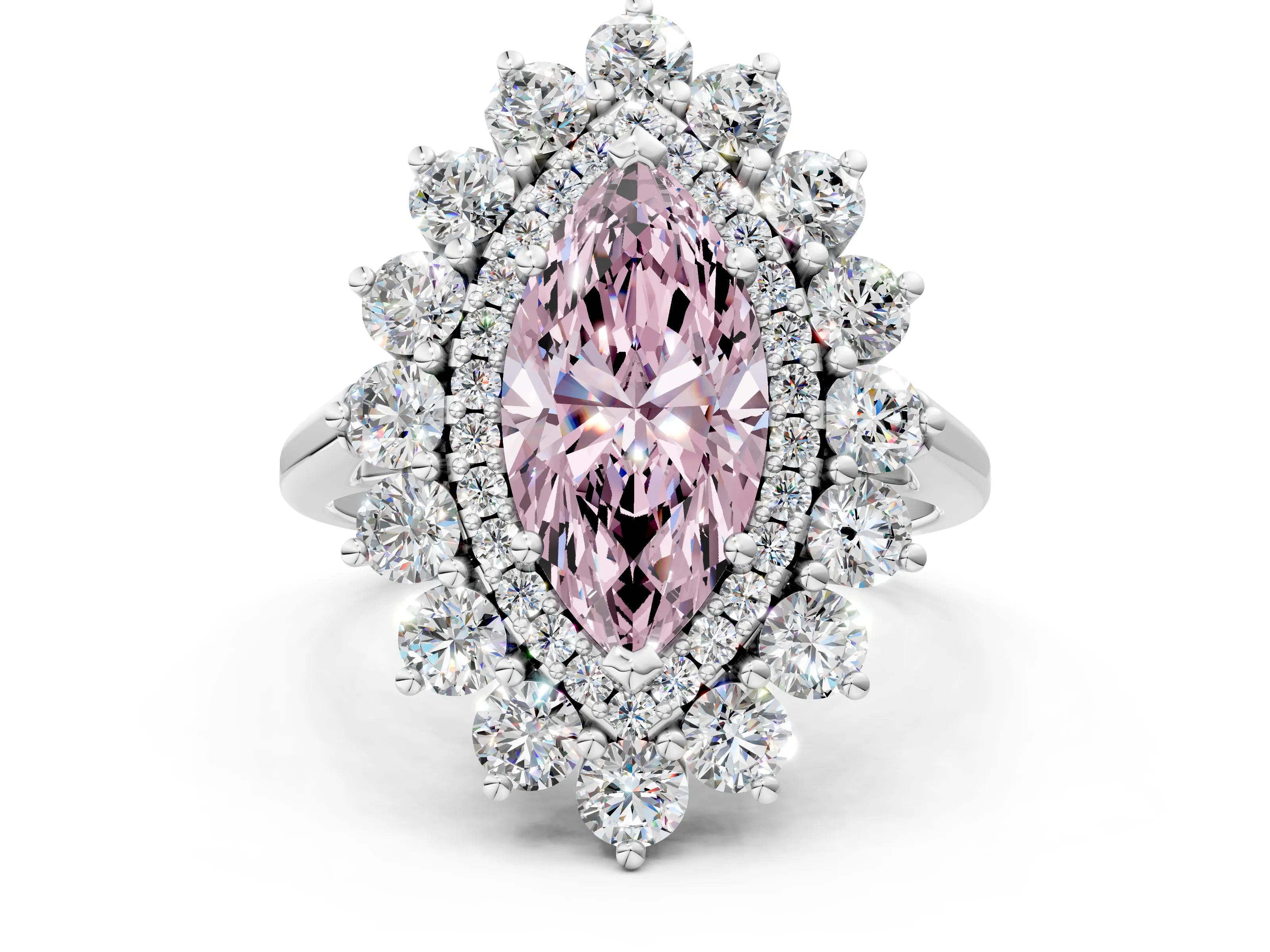 White gold Fancy Pink Marquise Cut Halo Cluster Diamond Ring with Pave Band and Four-Prong Setting_14