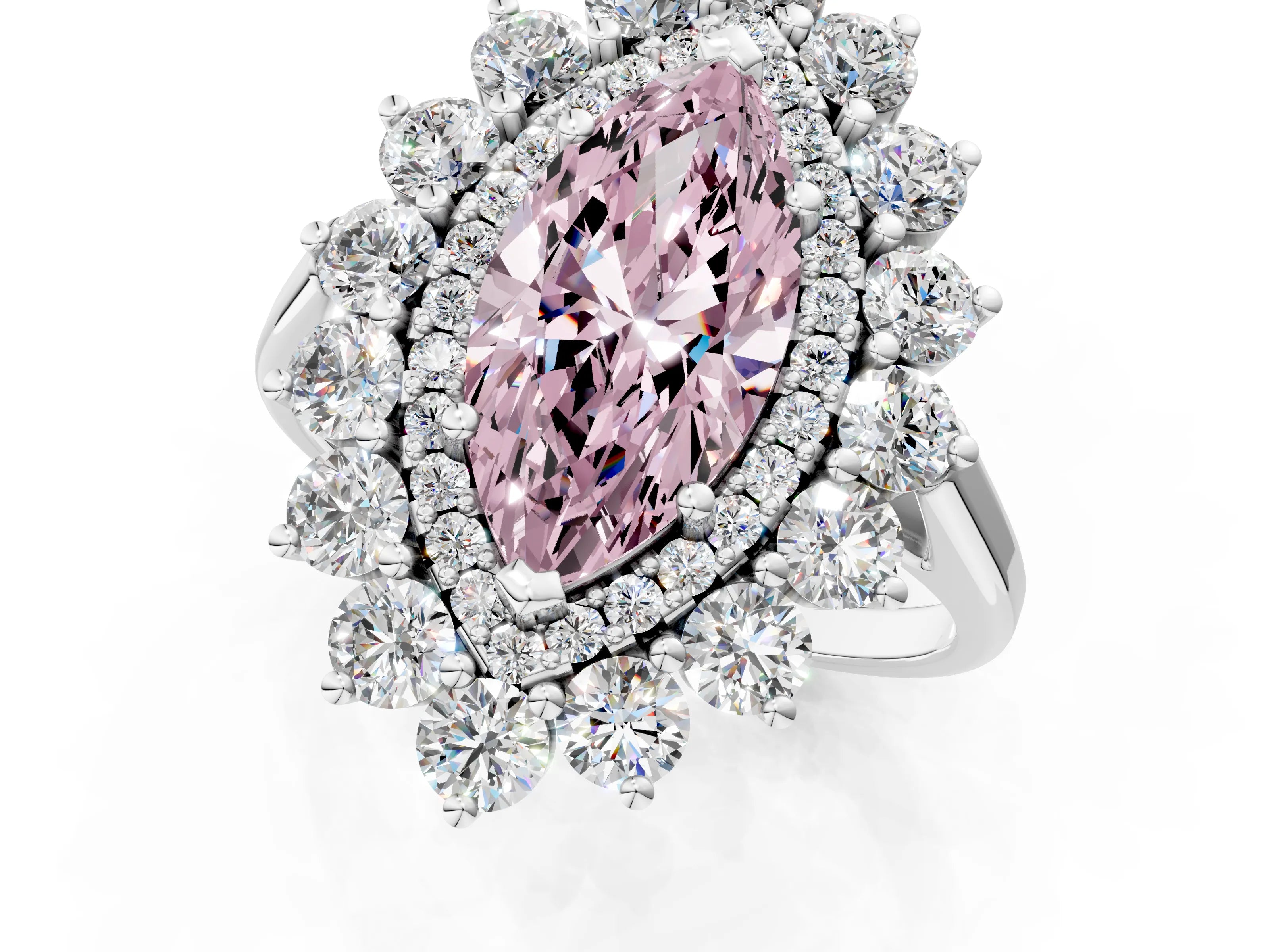 White gold Fancy Pink Marquise Cut Halo Cluster Diamond Ring with Pave Band and Four-Prong Setting_15