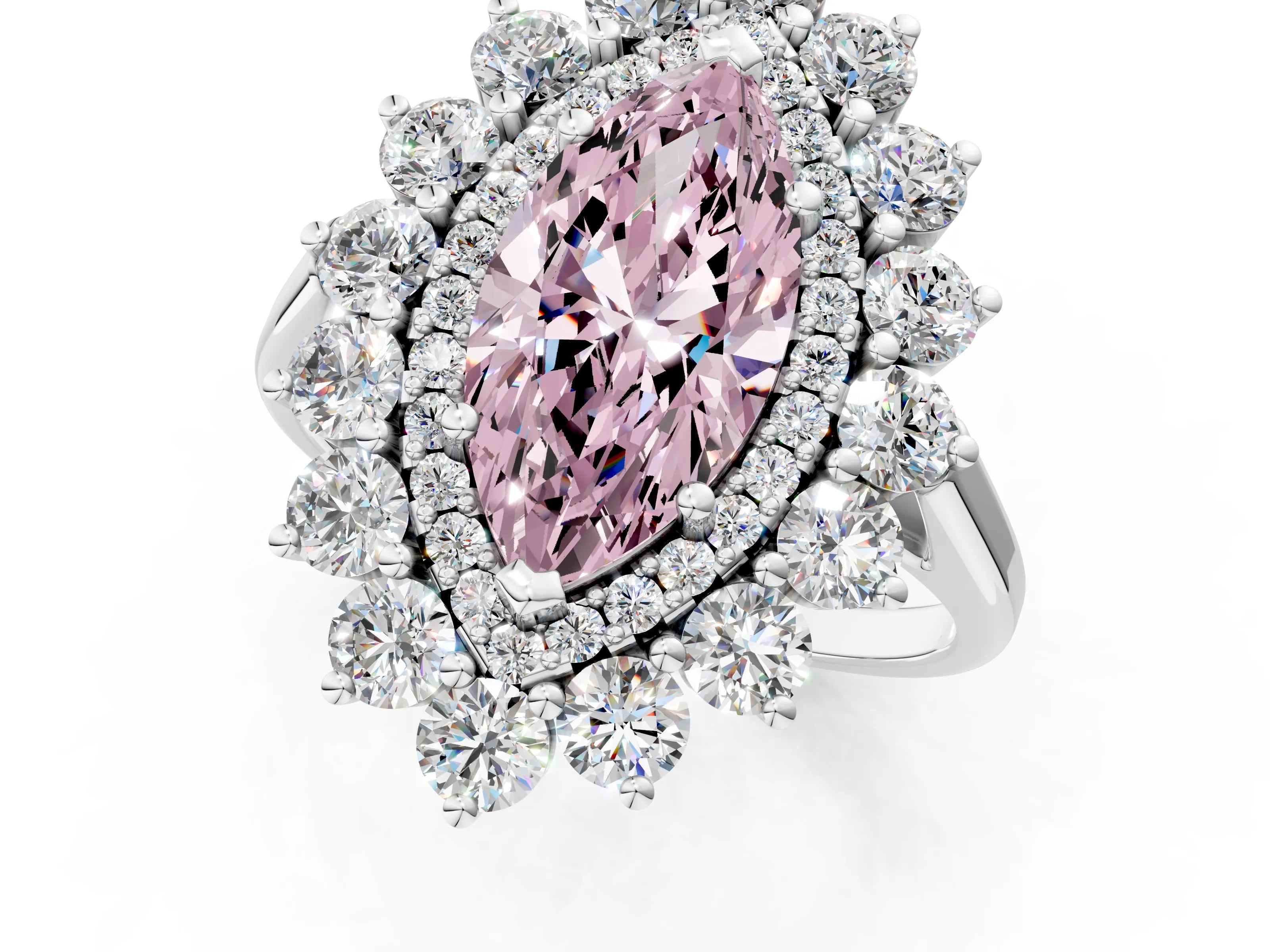 White gold Fancy Pink Marquise Cut Halo Cluster Diamond Ring with Pave Band and Four-Prong Setting_1