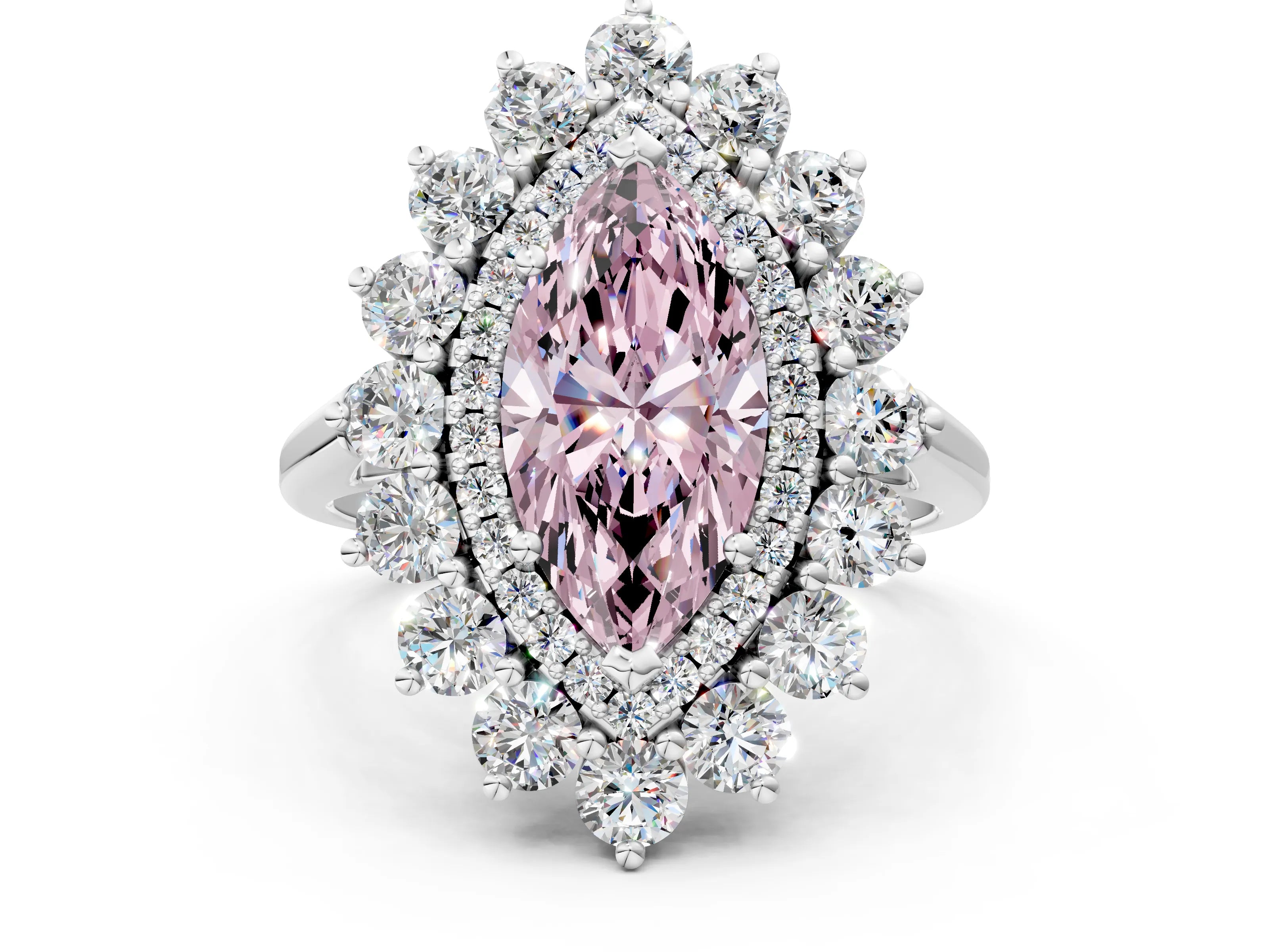 White gold Fancy Pink Marquise Cut Halo Cluster Diamond Ring with Pave Band and Four-Prong Setting