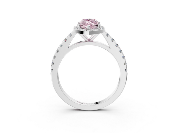 White gold Fancy Pink Marquise  Cut Halo Diamond Engagement Ring with Pave Band and Four-Prong Setting