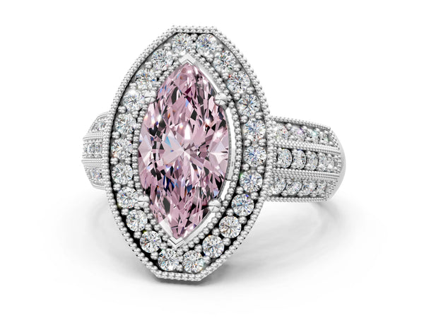 White gold Fancy Pink Marquise Cut Halo Diamond Engagement Ring with Pave Split Shank and Four-Prong Setting