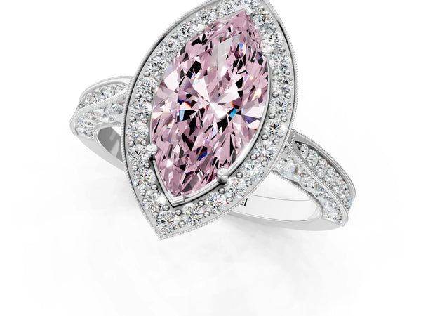 Platinum Fancy Pink Marquise Cut Halo Diamond Engagement Ring with Split Shank Band and Four-Prong Setting