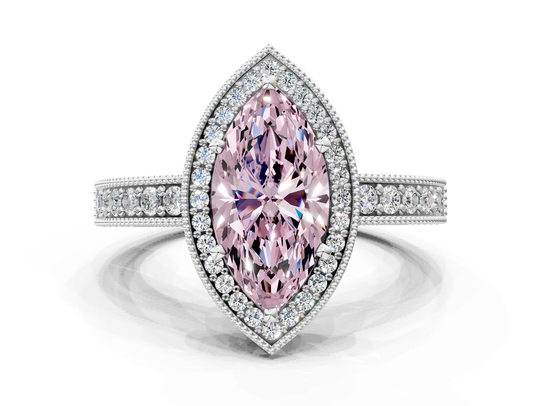 White gold Fancy Pink Marquise  Cut Halo Diamond Pave Band Ring with Four-Prong Setting_56
