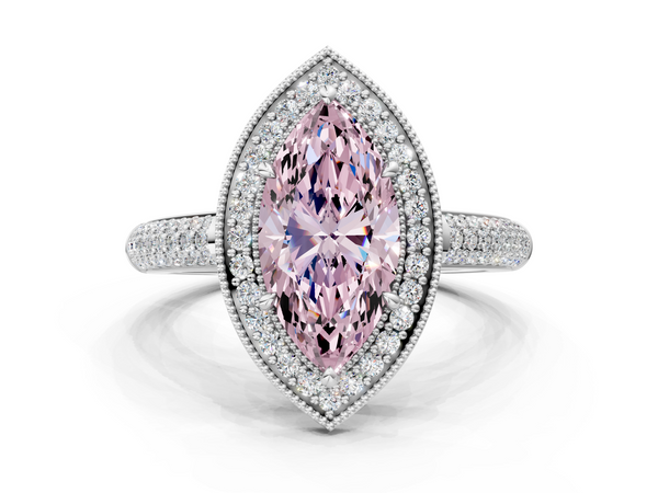 Platinum Fancy Pink Marquise  Cut Halo Diamond Pave Band with Four-Prong Setting
