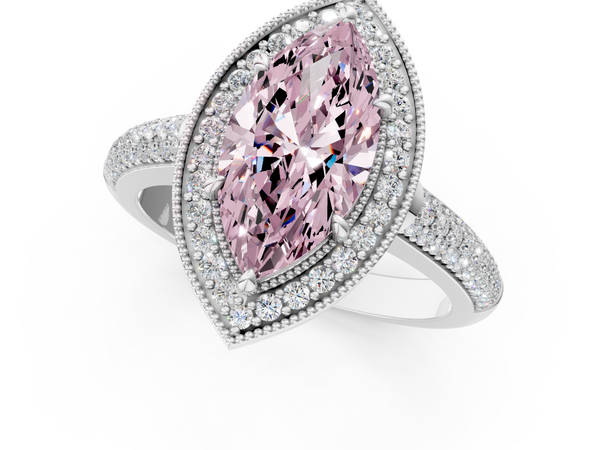 Platinum Fancy Pink Marquise  Cut Halo Diamond Pave Band with Four-Prong Setting